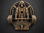 Front view of antique gold grim reaper gripping a barbell above a LAST REP banner