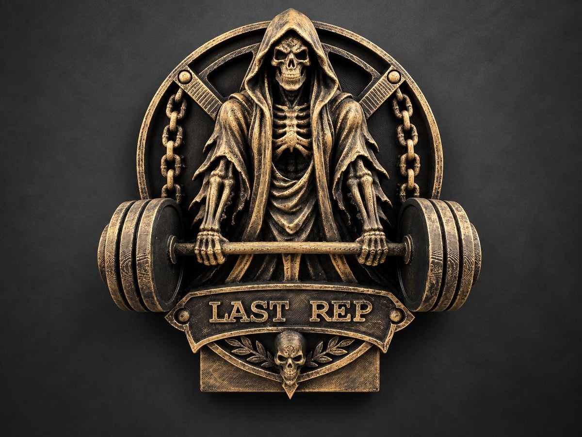 Front view of antique gold grim reaper gripping a barbell above a LAST REP banner
