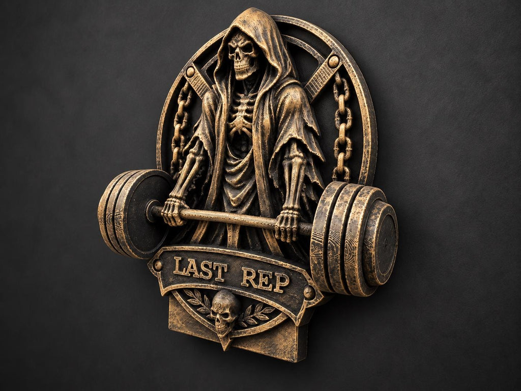 Right angle of the gold grim reaper gym sculpture