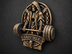 Right angle of the gold grim reaper gym sculpture