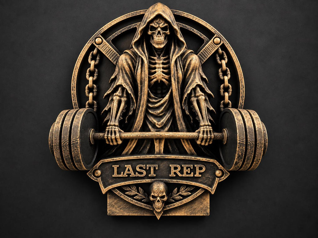 Front view of the hooded reaper lifting a loaded barbell with chains behind