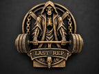 Front view of the hooded reaper lifting a loaded barbell with chains behind