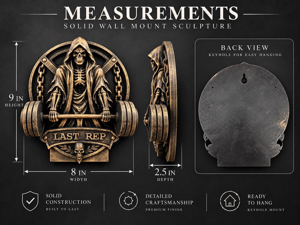 Measurement graphic of the reaper gym sculpture: 9 in. high, 8 in. wide, 2.5 in. deep