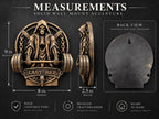 Measurement graphic of the reaper gym sculpture: 9 in. high, 8 in. wide, 2.5 in. deep