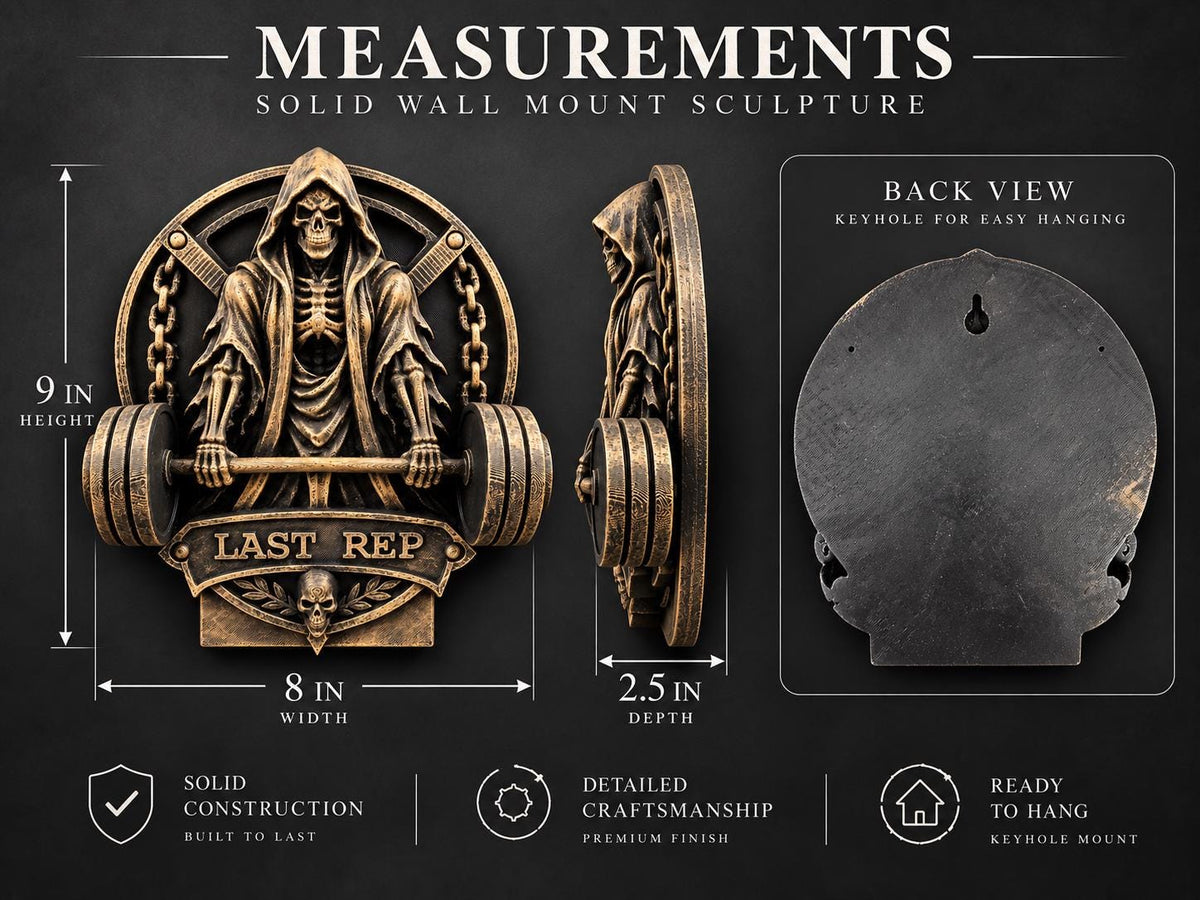 Measurement graphic of the reaper gym sculpture: 9 in. high, 8 in. wide, 2.5 in. deep