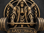 Close-up of the skeletal reaper's hood, ribs and barbell grip