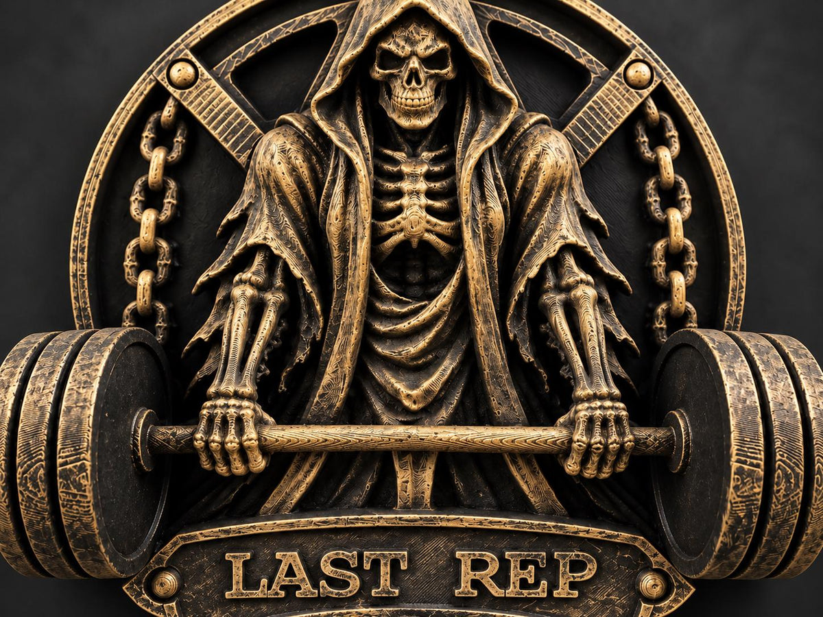 Close-up of the skeletal reaper's hood, ribs and barbell grip
