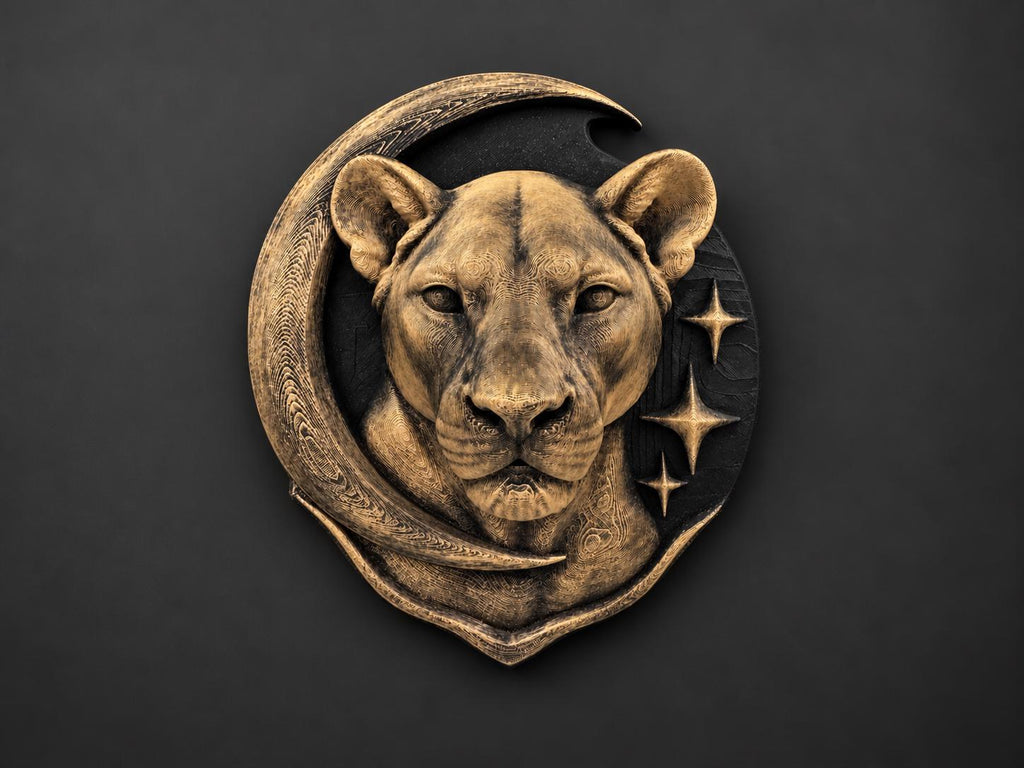 Front view of the gold lioness crescent moon sculpture