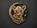 Front view of the gold lioness crescent moon sculpture