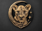 Front view of antique gold lioness portrait framed by a crescent moon and stars