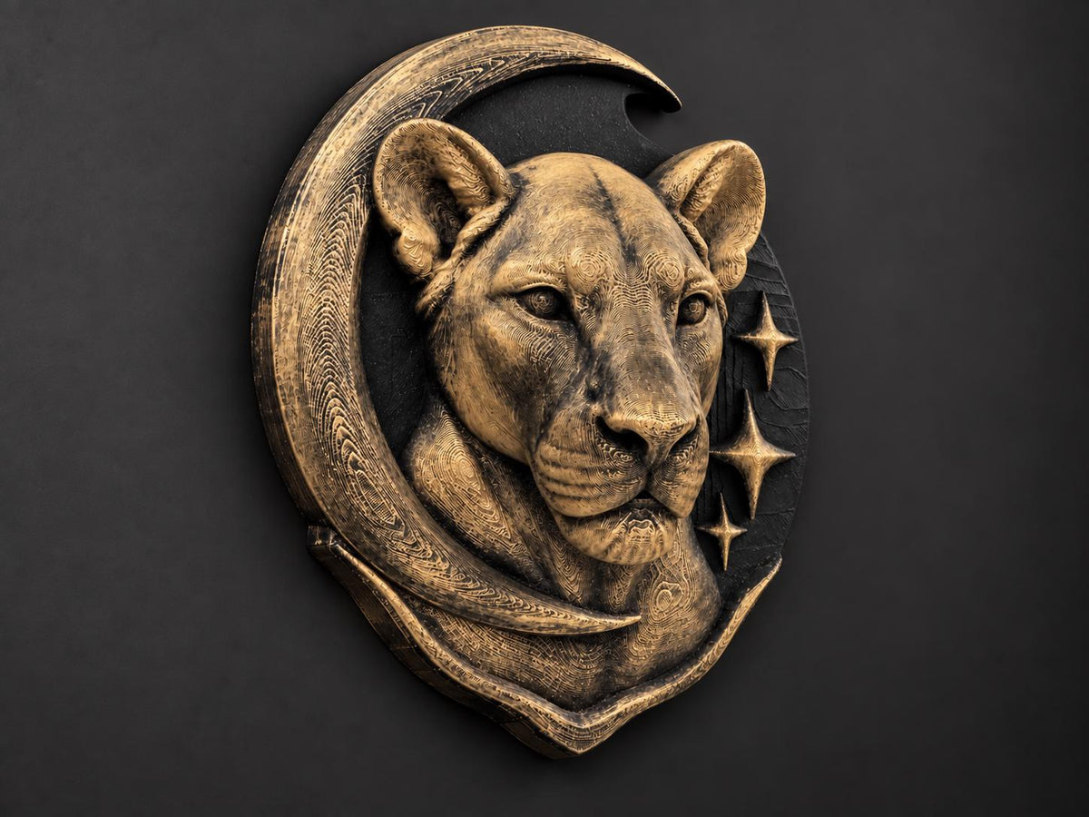 Left angle of the lioness sculpture showing relief depth