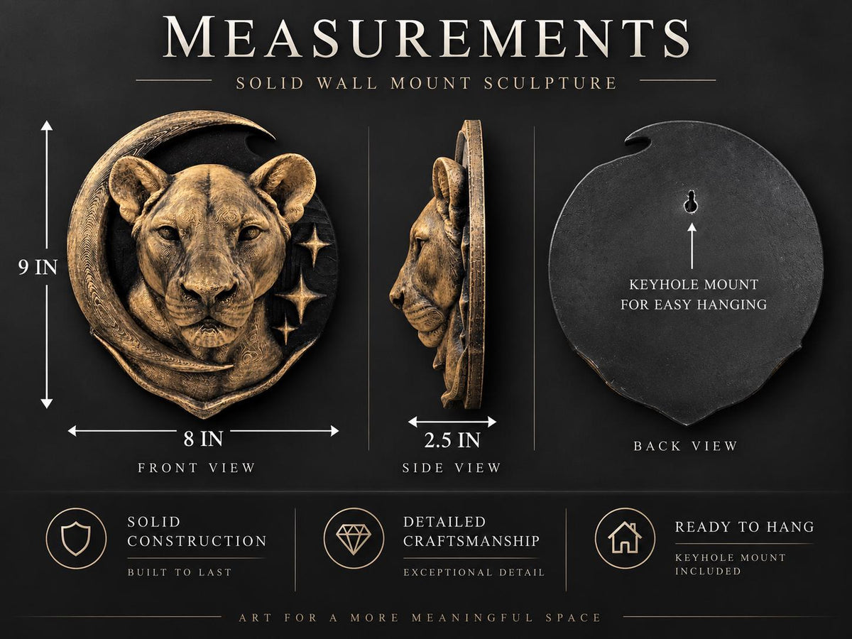 Measurement graphic of the lioness: 9 in. high, 8 in. wide, 2.5 in. deep