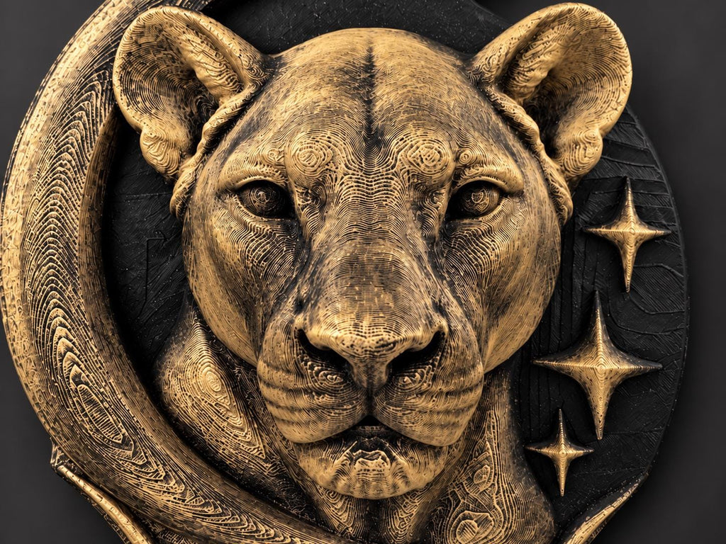 Close-up of the lioness face and star accents