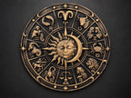 Front view of antique gold zodiac wheel with sun and crescent moon center