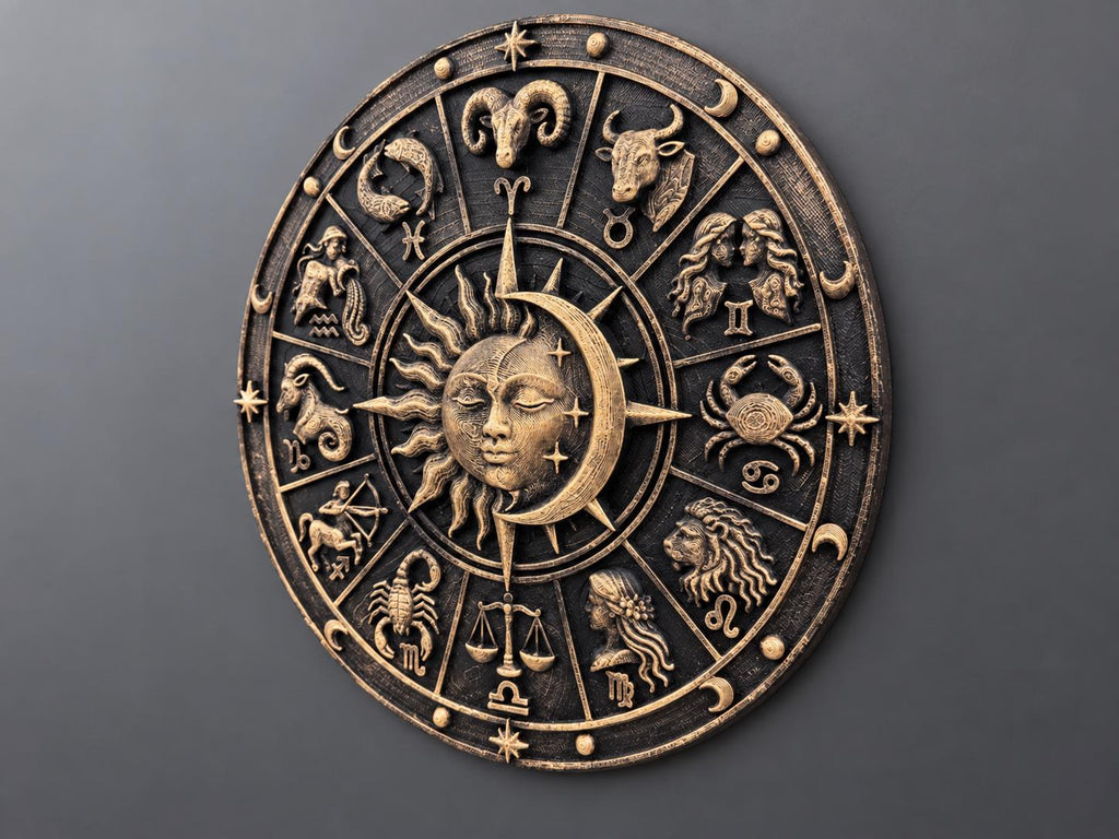 Left angle of the zodiac wheel sculpture showing relief depth