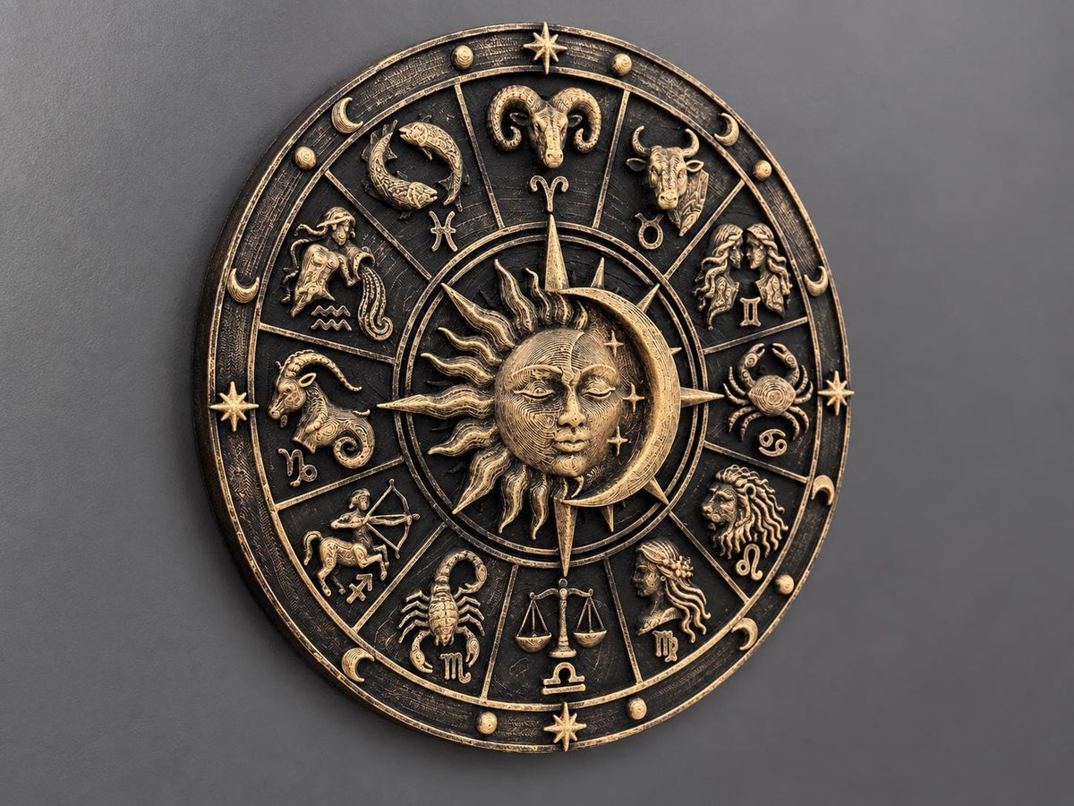 Slight angle of the gold zodiac wheel showing raised signs