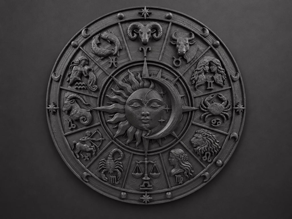Front view of the black finish zodiac wheel sculpture