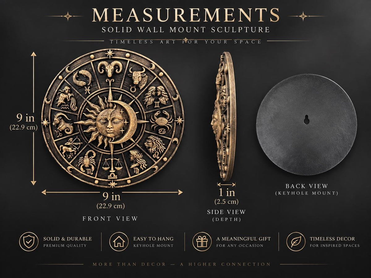 Measurement graphic of the zodiac wheel: 9 in. by 9 in., 1 in. deep