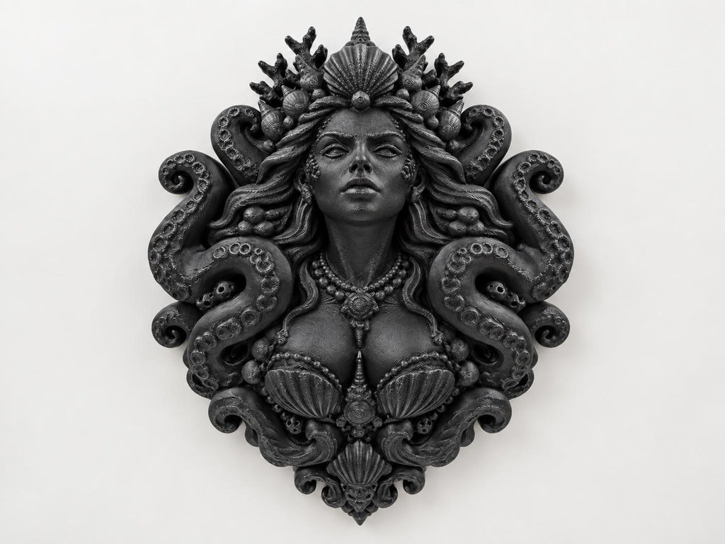 Front view of the black finish Siren Queen sculpture