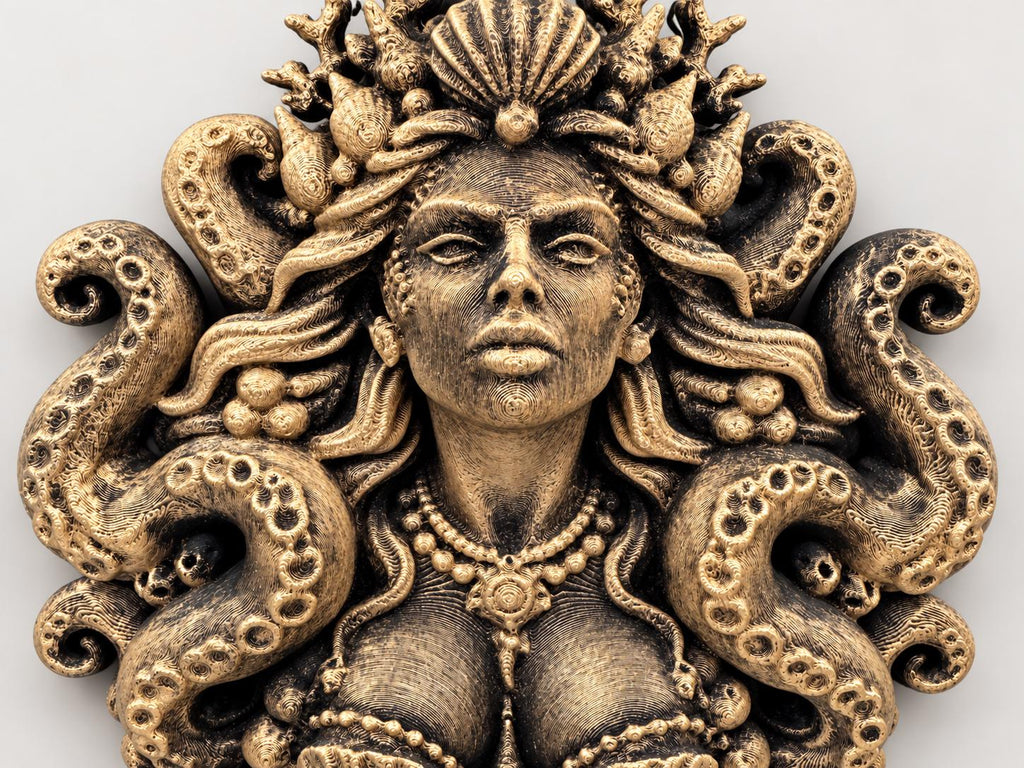 Close-up of the Siren Queen's face, pearl necklace and tentacles