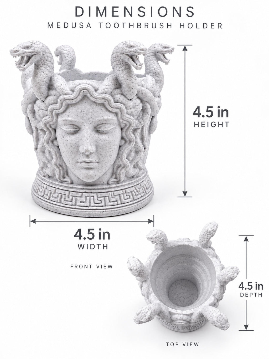 Dimension graphic of the Medusa holder: 4.5 in. high, wide and deep, with top view