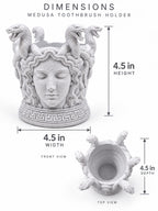 Dimension graphic of the Medusa holder: 4.5 in. high, wide and deep, with top view