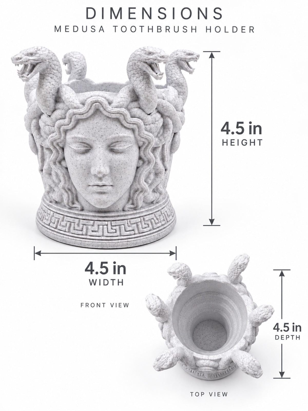 Dimension graphic of the Medusa holder: 4.5 in. high, wide and deep, with top view