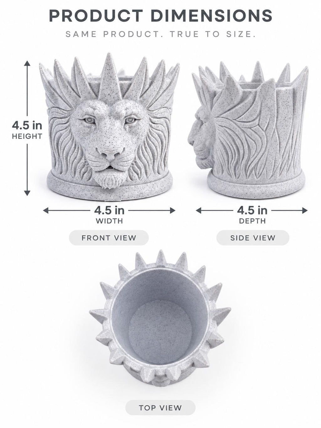 Dimension graphic of the lion holder: 4.5 in. high, wide and deep, with top view