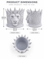 Dimension graphic of the lion holder: 4.5 in. high, wide and deep, with top view
