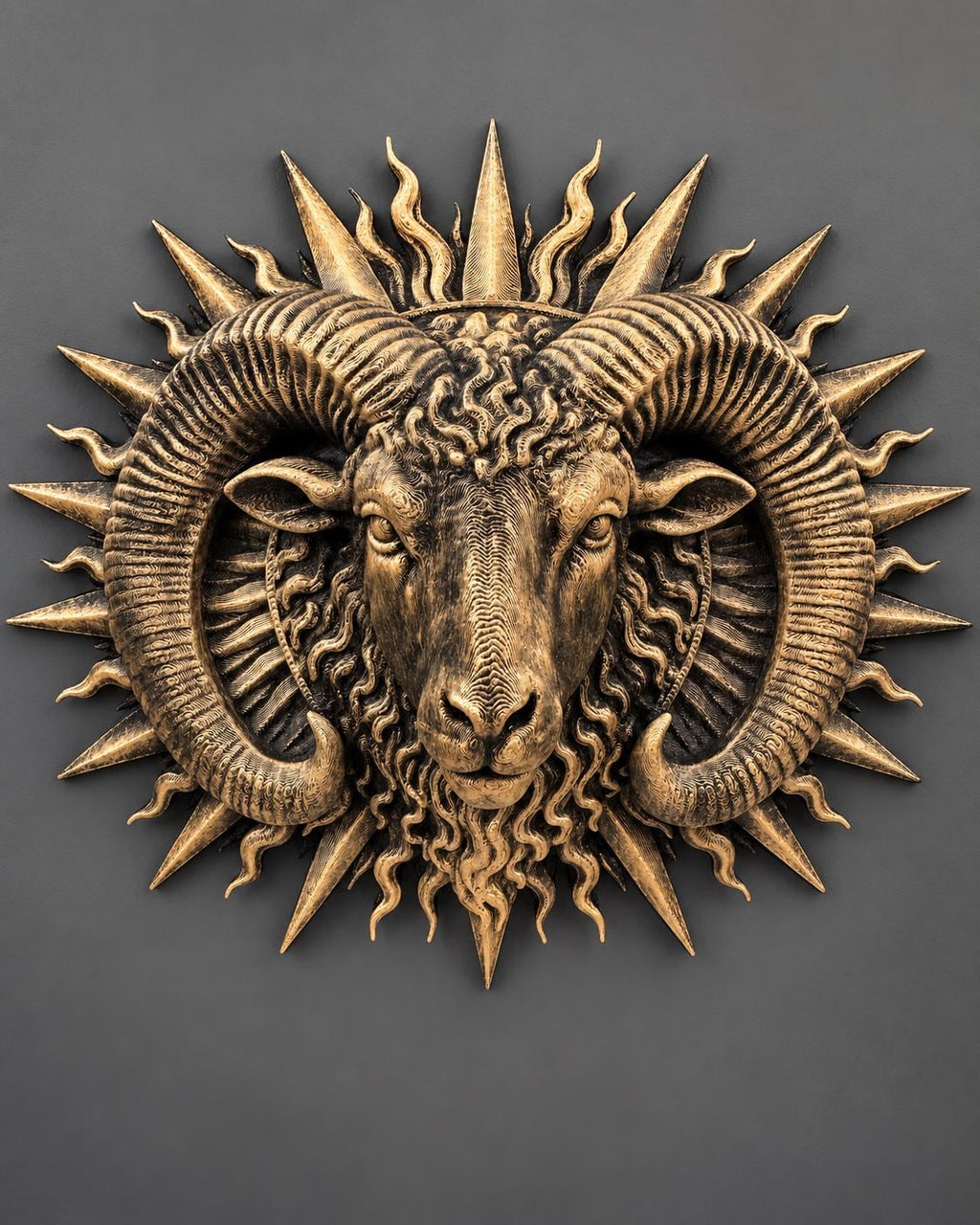 Front view of antique gold Aries ram head with curled horns inside a spiked sunburst
