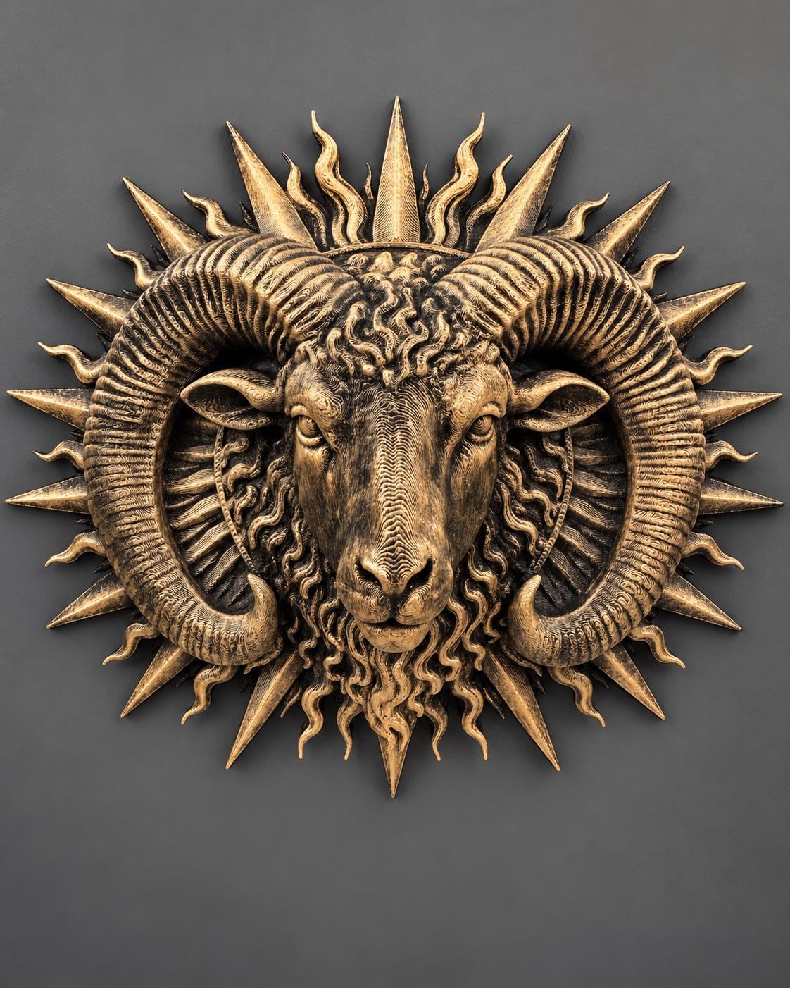 Front view of antique gold Aries ram head with curled horns inside a spiked sunburst