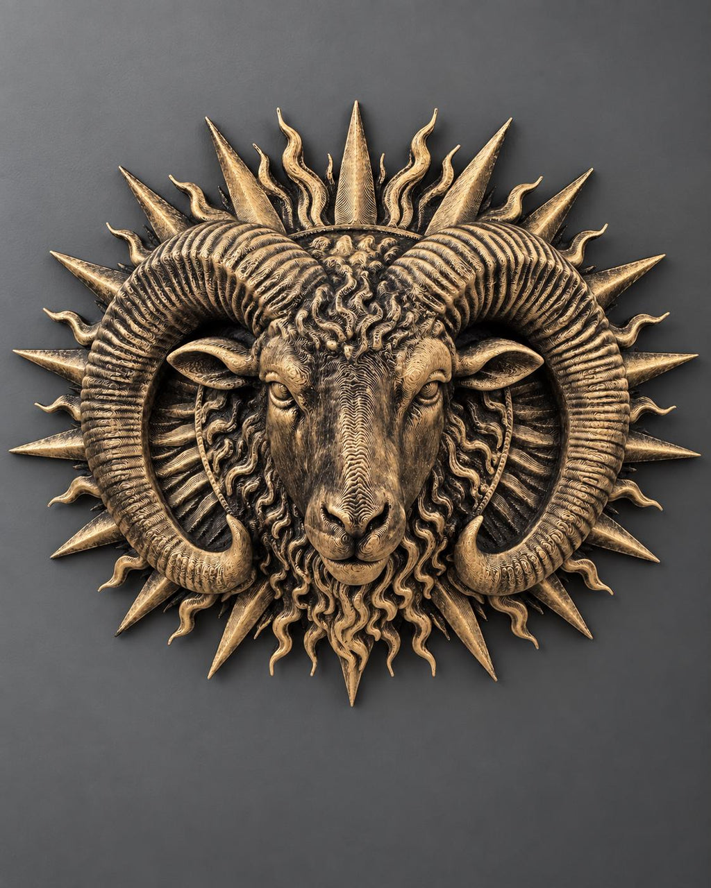 Front view of the gold Aries ram sunburst on a gray wall