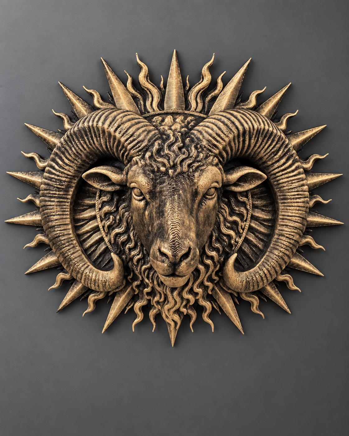 Front view of the gold Aries ram sunburst on a gray wall