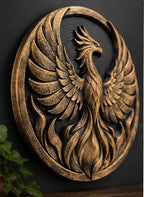 Angled view of the round phoenix relief showing wing depth