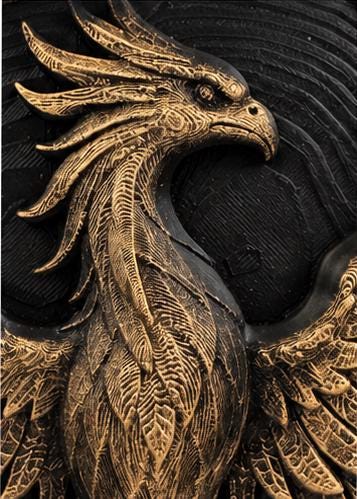 Close-up of the phoenix head and feathered wing detail