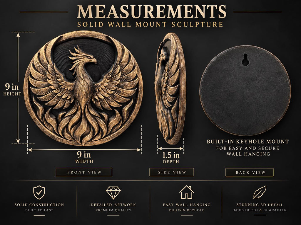 Measurement graphic of the phoenix: 9 in. high, 9 in. wide, 1.5 in. deep