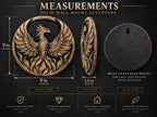 Measurement graphic of the phoenix: 9 in. high, 9 in. wide, 1.5 in. deep