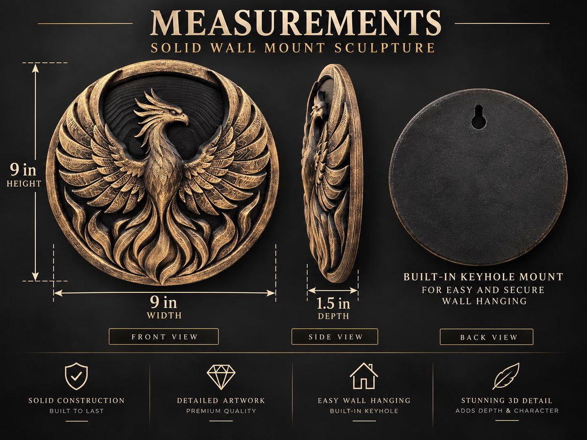 Measurement graphic of the phoenix: 9 in. high, 9 in. wide, 1.5 in. deep