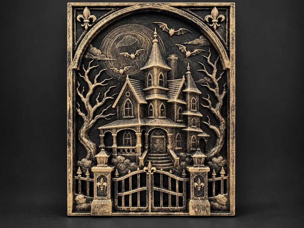 Front view of the gold haunted house relief on a dark background