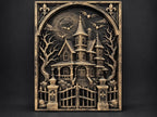 Front view of the gold haunted house relief on a dark background