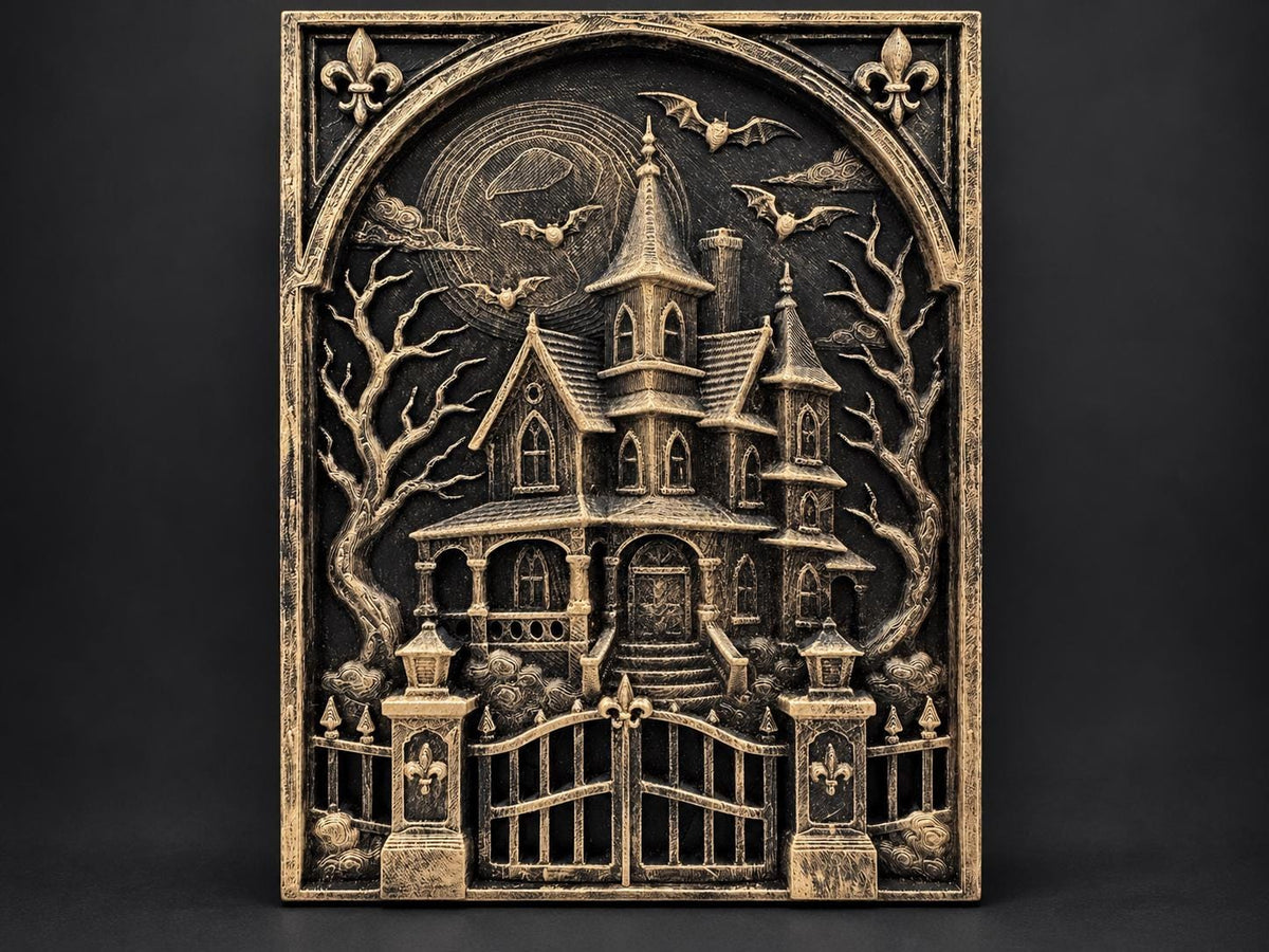 Front view of the gold haunted house relief on a dark background