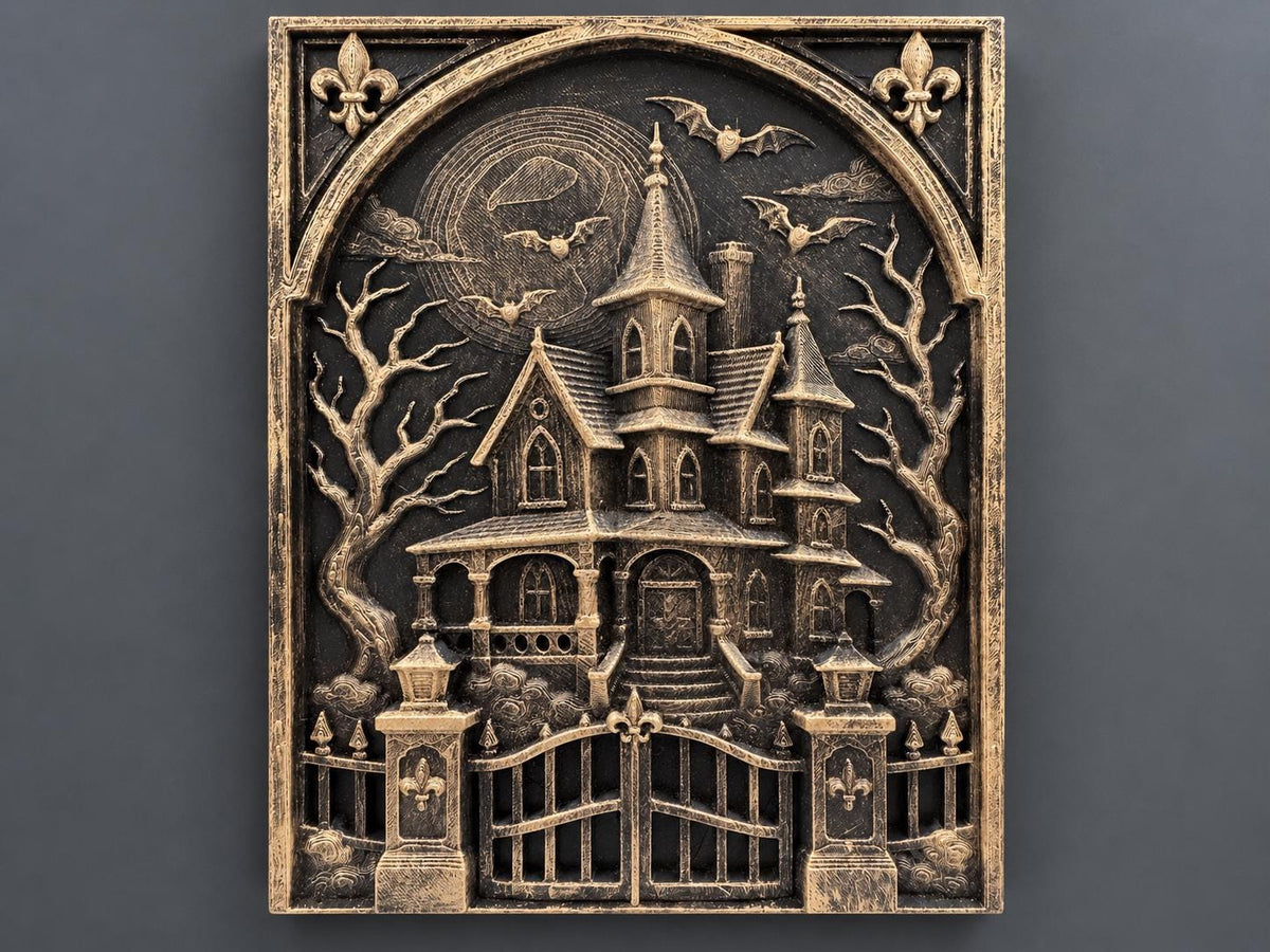 Front view of antique gold haunted house wall sculpture with turrets, bats and moon
