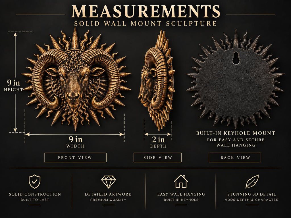 Measurement graphic of the ram sunburst: 9 in. high, 9 in. wide, 2 in. deep