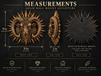 Measurement graphic of the ram sunburst: 9 in. high, 9 in. wide, 2 in. deep