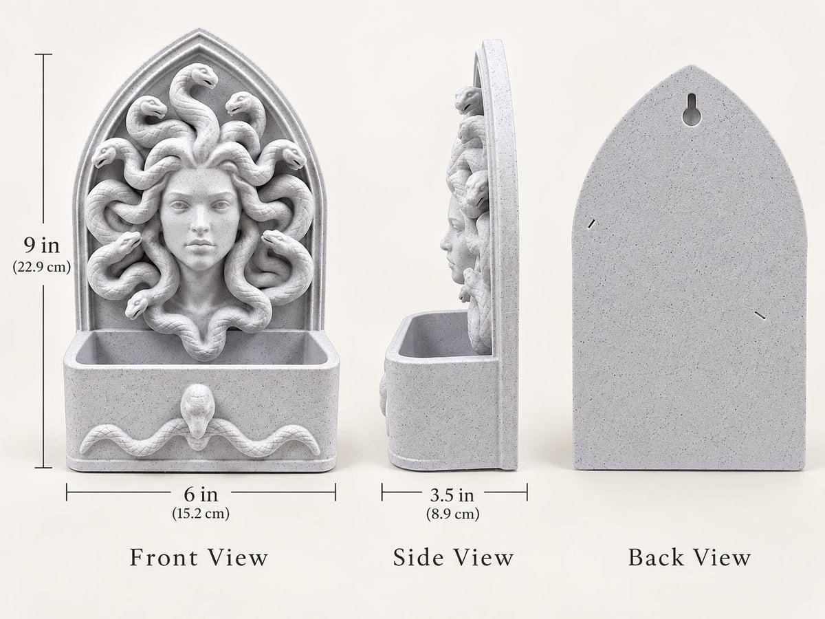 Dimension graphic of the Medusa organizer: 9 in. tall, 6 in. wide, 3.5 in. deep