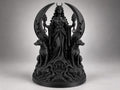 Front view of black Hecate statue in a crescent moon portal with torches and hounds