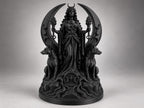 Front view of black Hecate statue in a crescent moon portal with torches and hounds