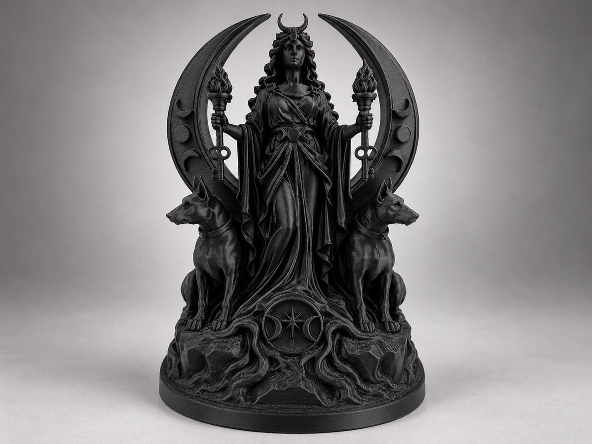 Front view of black Hecate statue in a crescent moon portal with torches and hounds