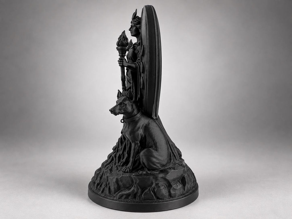 Side view of the Hecate statue showing the crescent portal and seated hound