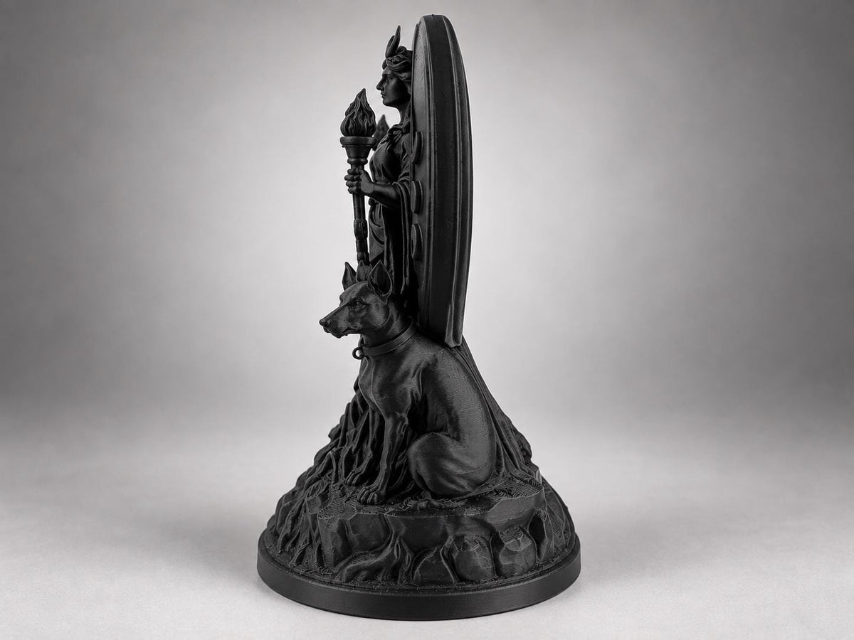 Side view of the Hecate statue showing the crescent portal and seated hound